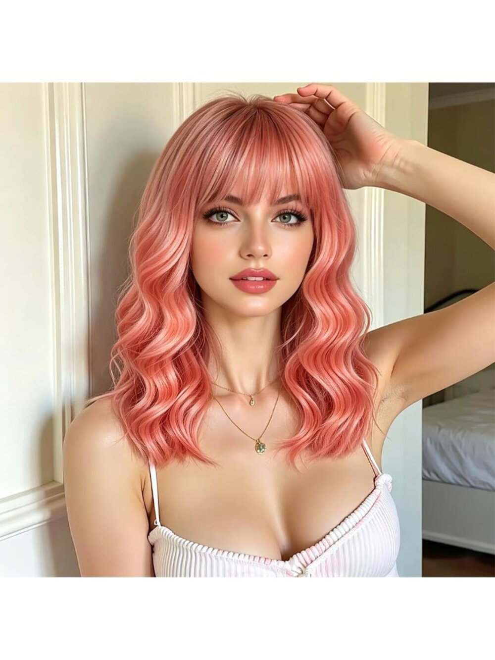 Women's Pink N2 Wavy Synthetic Shoulder Length Sweetie Bob Wig Bangs